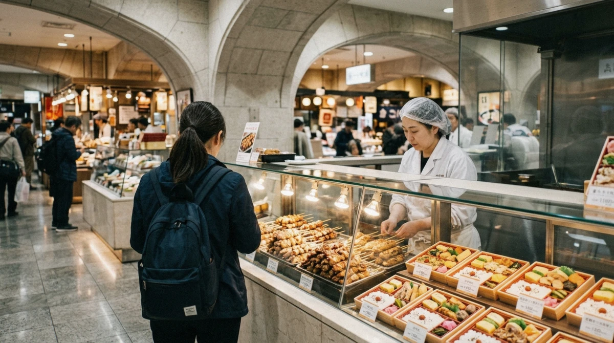 Shoppers browsing specialist food counters at Azabudai Hills Market in Tokyo