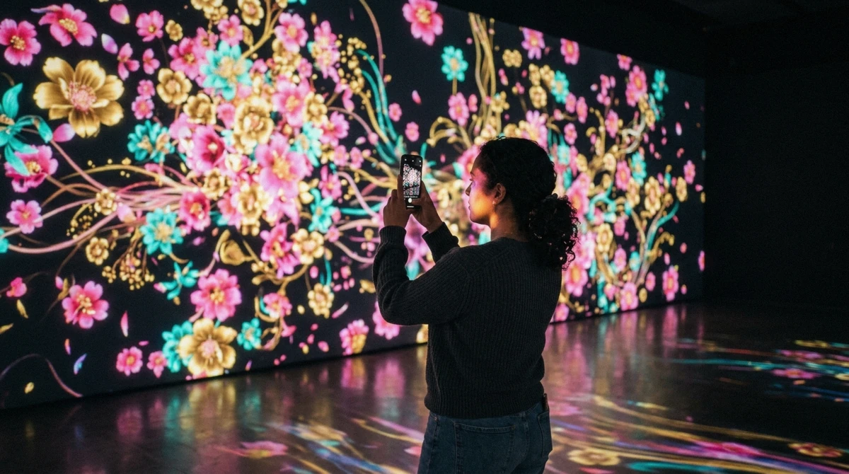 Visitor photographing a mirrored light installation inside teamLab Borderless in Tokyo