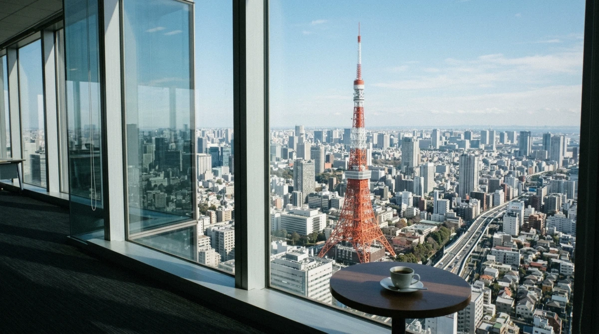 Tokyo Tower lit up at dusk seen through a high window at the Azabudai Hills Sky Lobby