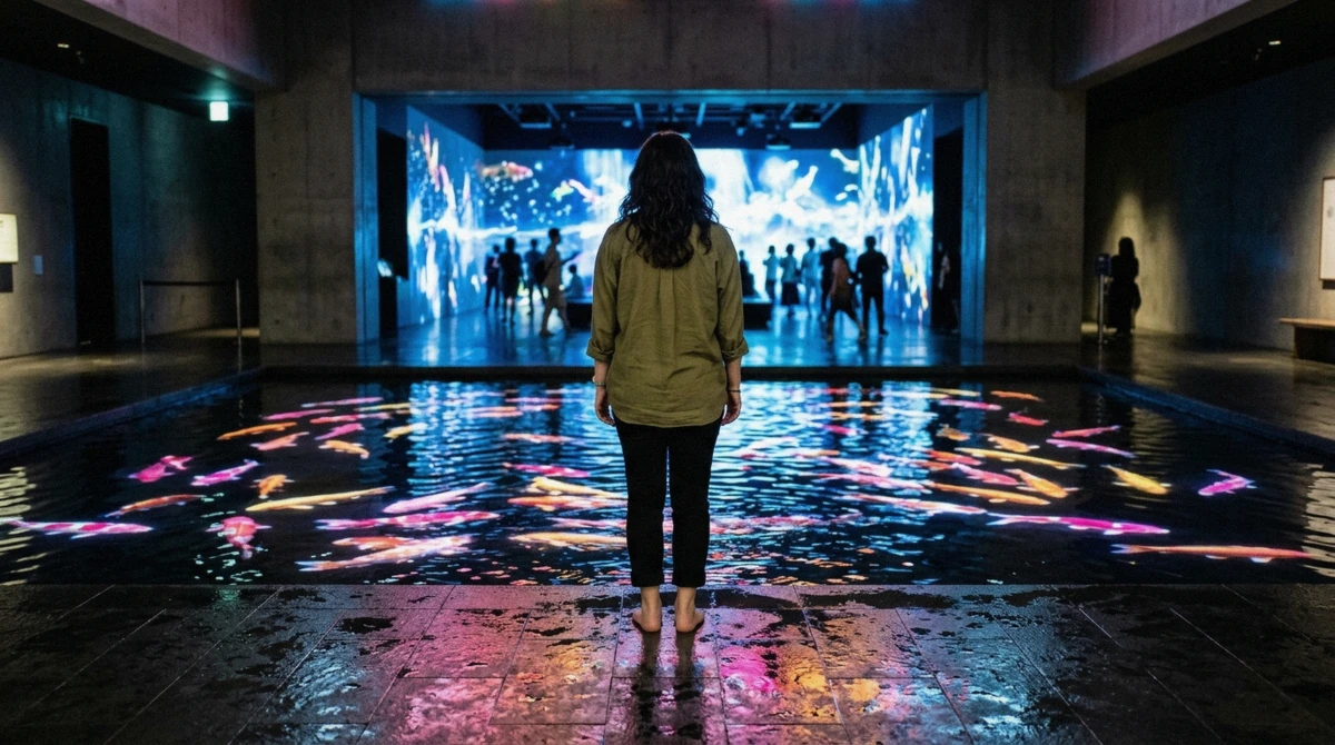 Split view comparing teamLab Borderless mirrored light room with teamLab Planets barefoot water room, Tokyo