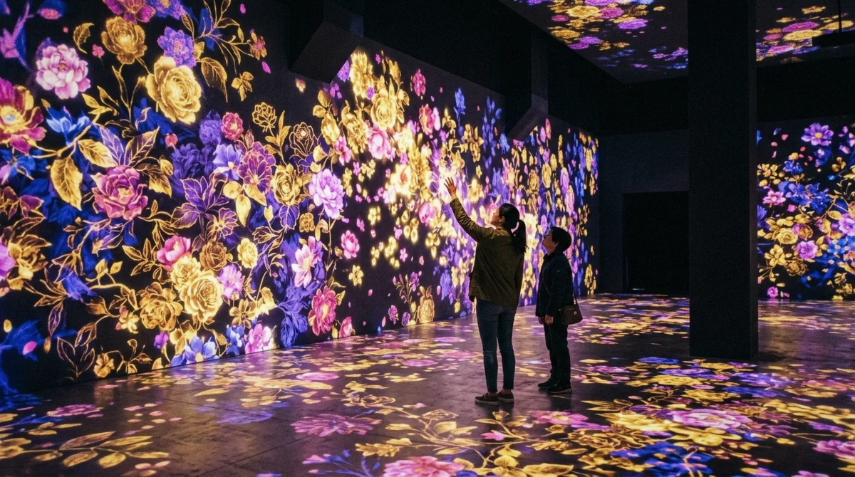 A visitor standing inside a room of projected light patterns at teamLab Borderless in Azabudai Hills