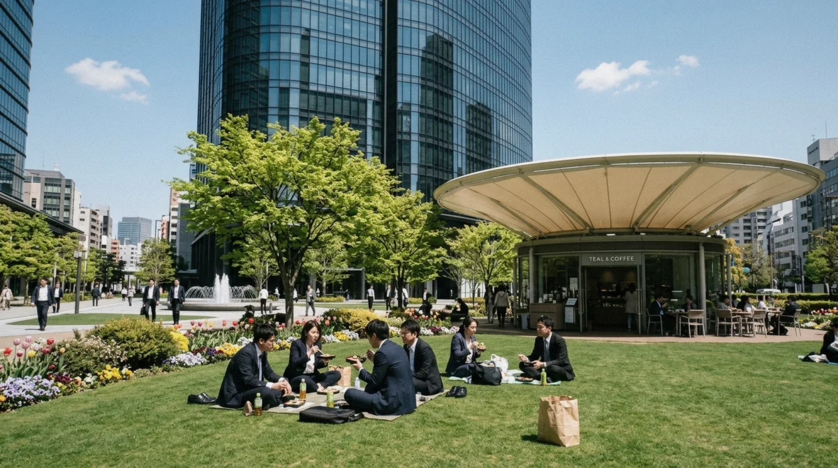 Visitors picnicking with market food on the Central Green lawn near Azabudai Hills Market, Tokyo