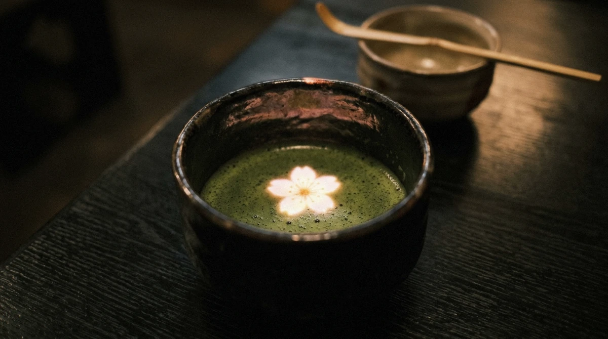 A bowl of green tea with a digital flower projected blooming on its surface at EN TEA HOUSE inside teamLab Borderless, Tokyo