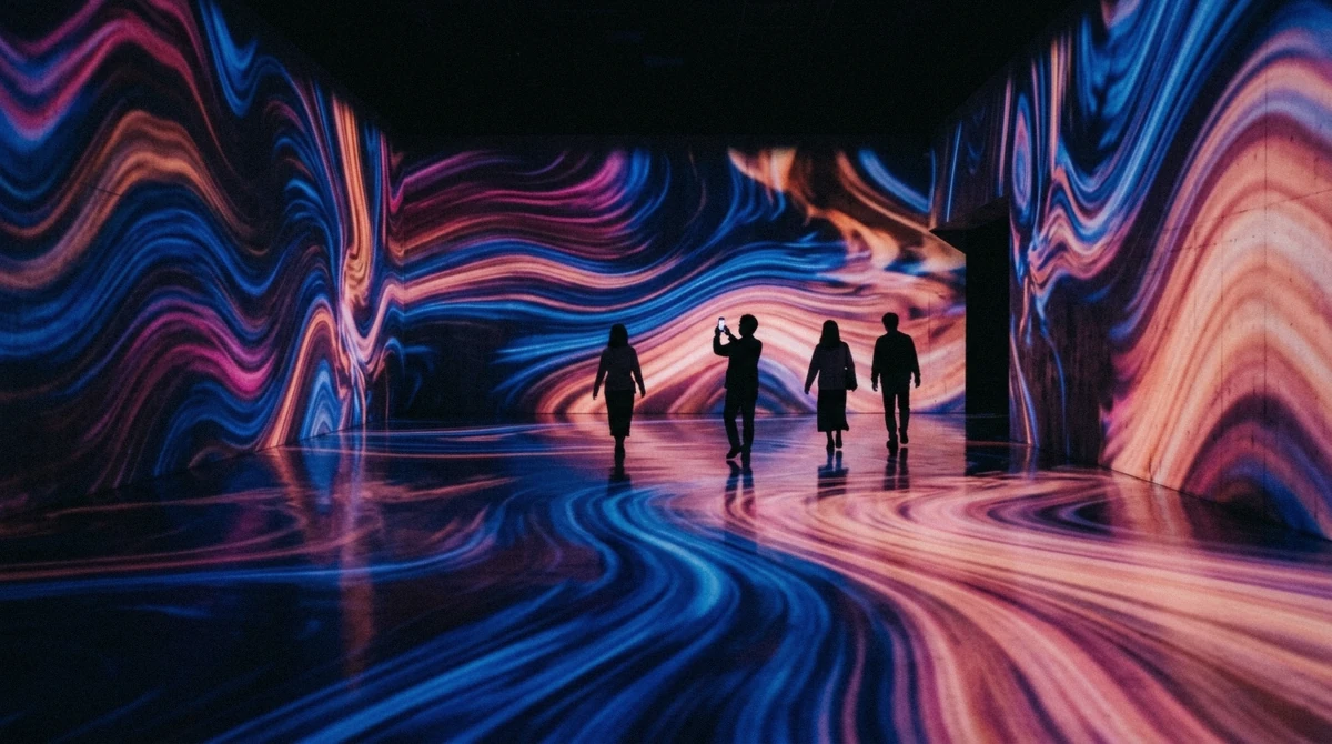 Visitors walking through a mirrored light room at teamLab Borderless in Azabudai Hills, Tokyo