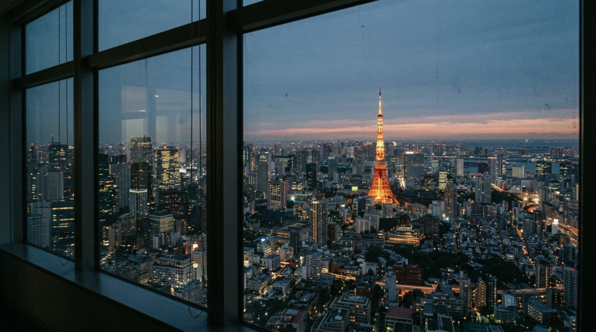 Tokyo Tower illuminated after dark, seen at close to eye level from the Azabudai Hills Sky Lobby on floor 33